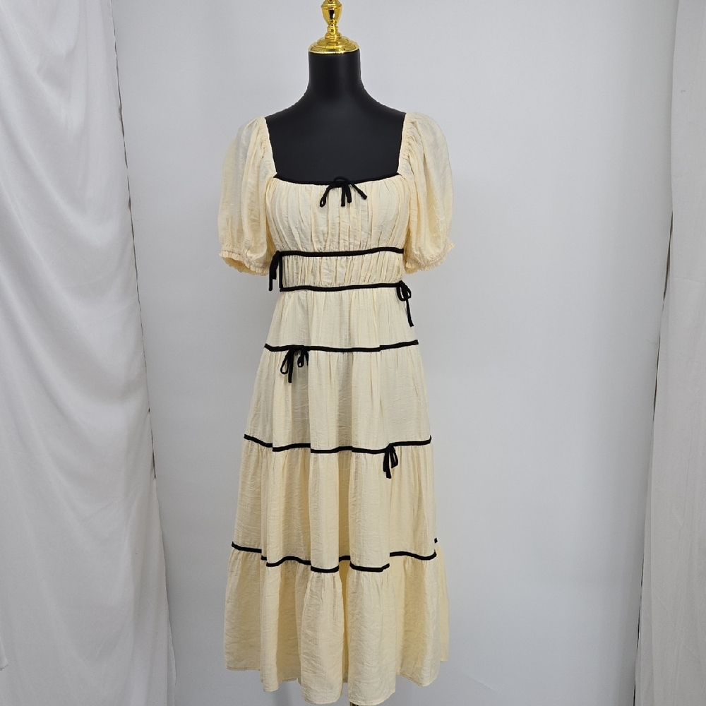 Cream Puff-Sleeve Tiered Midi Dress with Black Trim